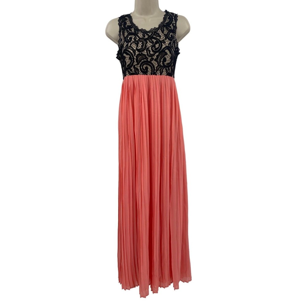 Pink Blush Dress Maxi Crochet Lace Black Peach Pleated Chiffon Bohemian Small